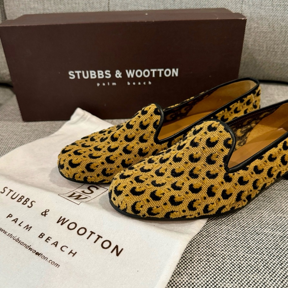 Stubbs & Wooton Pebbles Gold Printed Loafers, Sz 8.5B